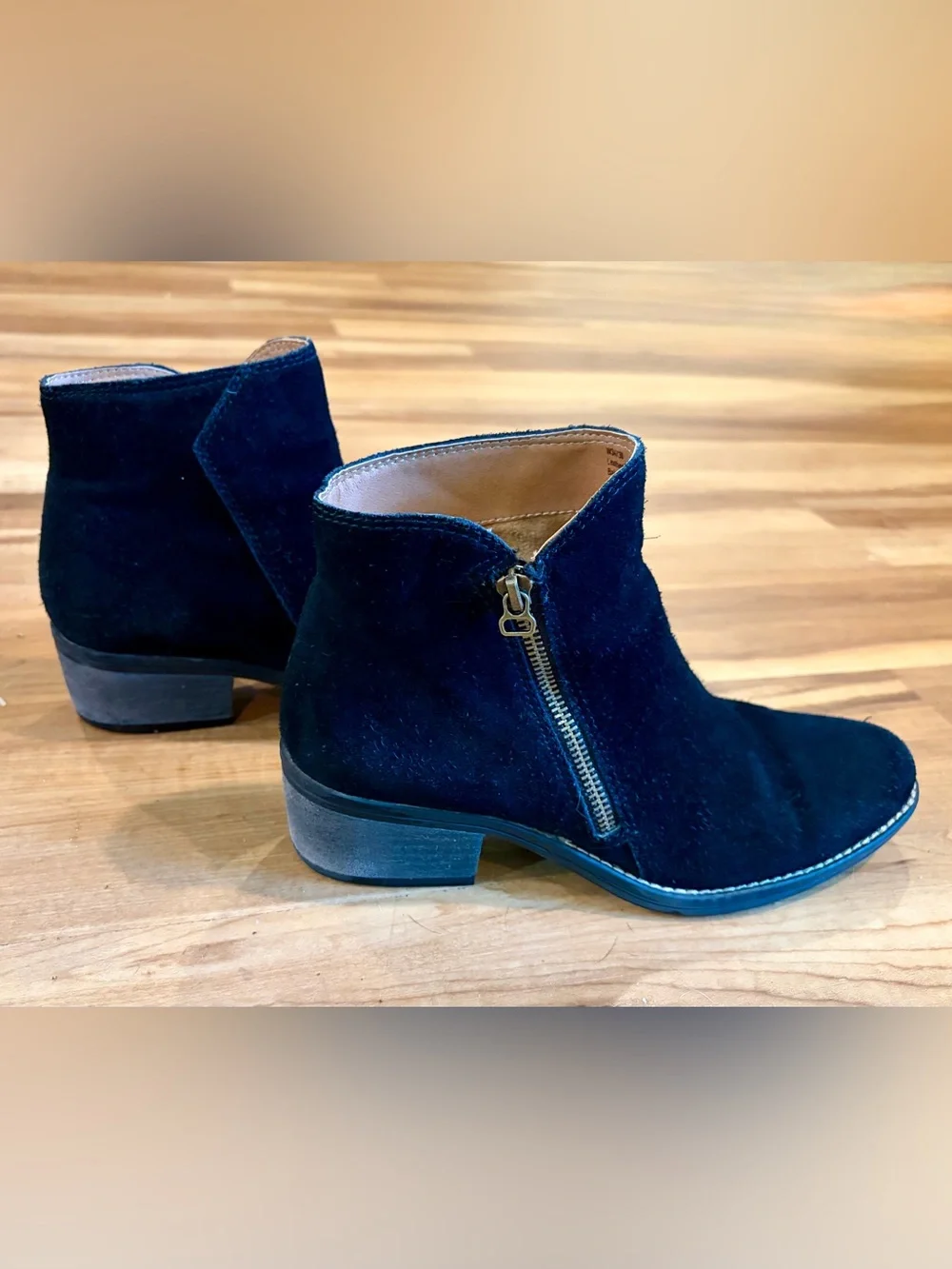 Genuine Black Suede Altos Ankle Boots, Side Zip, 2 inch Block Heel, Size 8